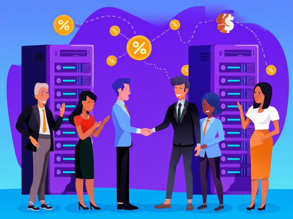 Programa de Revenda de Servidores - Ilustração 2D cartoon mostrando parceria e comissões